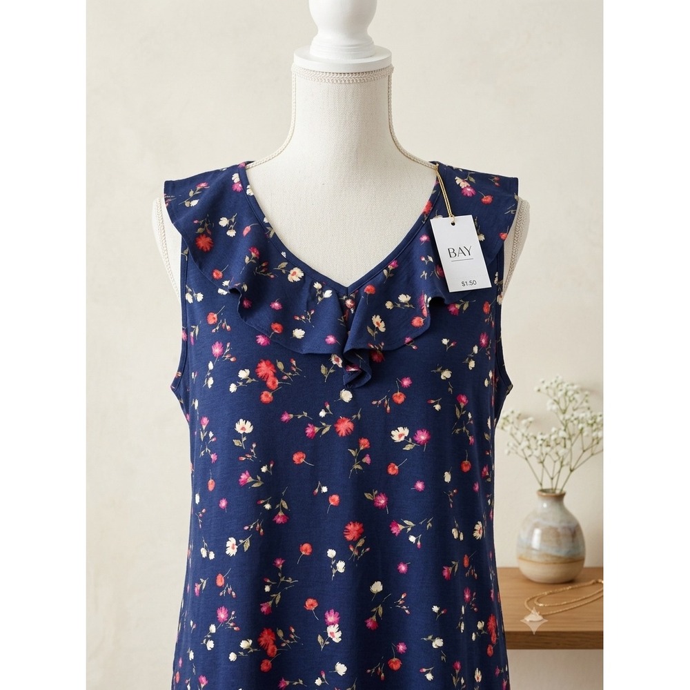 St Johns Bay Navy Floral Ruffle V-Neck Sleeveless Cotton Tank Top Plus Size 2X